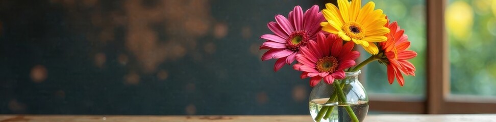 Fototapeta premium Bright colorful daisies in a vase on a wooden table , nature, color