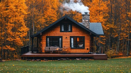 Cozy log cabin surrounded by vibrant autumn foliage.
