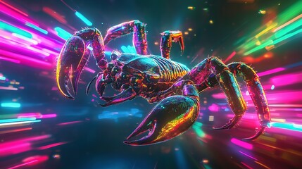 Iridescent scorpion with neon light trails.