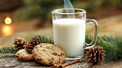 Warm milk and chocolate chip cookies on a rustic wooden table with pinecones and holiday decorations - Powered by Adobe
