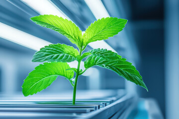 close up of green plant growing in climate controlled room