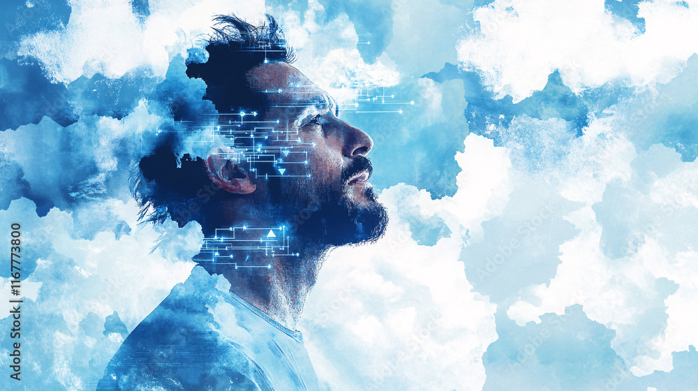 Poster a futuristic portrait of a man looking upward surrounded by blue digital clouds and abstract glowing