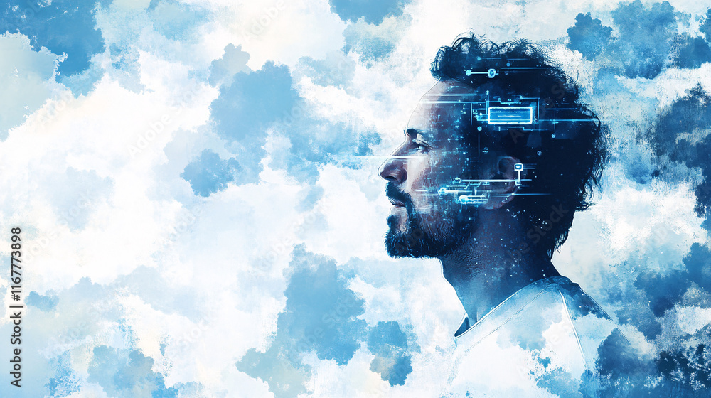 Poster a futuristic side profile of a man in blue tones with digital connections merging into abstract clou