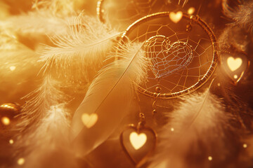 Boho background, A glowing dreamcatcher with heart-shaped details surrounded by soft feathers,...