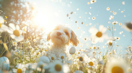 Low angle spring background. A cute dog playfully sitting in a field of daisies under the warm glow of sunlight, a joyful and peaceful moment. Ideal for pet-themed promotions, springtime campaigns