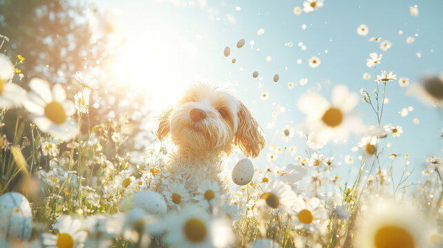 Low angle spring background. A cute dog playfully sitting in a field of daisies under the warm glow of sunlight, a joyful and peaceful moment. Ideal for pet-themed promotions, springtime campaigns