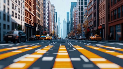 A vibrant city street scene showcasing yellow taxi cabs, striped crosswalks, and towering buildings...