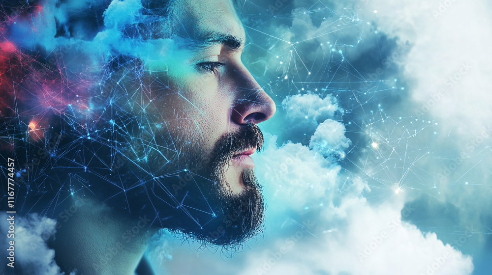 Poster a close-up portrait of a bearded man surrounded by abstract blue clouds and digital connections crea