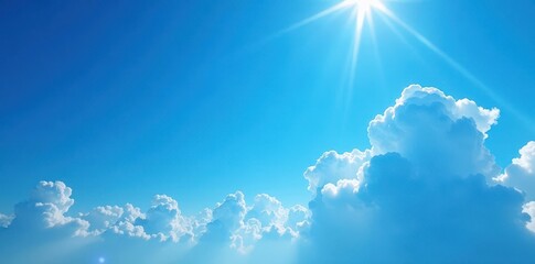 Deep blue sky, puffy white clouds, intense sunlight , fantastic, heaven, serene