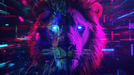 Majestic lion with vibrant neon colors in digital art.