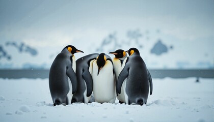 Group of penguins huddling together in Antarctic snow flurries, camaraderie
