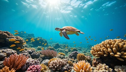 Obraz premium Graceful sea turtle swimming over vibrant coral reef, marine preservation