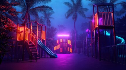 Fototapeta premium A vibrant playground illuminated with neon lights, surrounded by palm trees, creating a mystical atmosphere at night.
