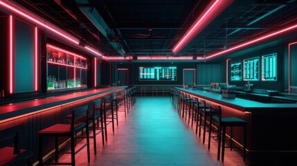 Fototapeta premium A modern bar interior featuring neon lights, sleek design, and a spacious layout, creating an inviting ambiance for social gatherings.