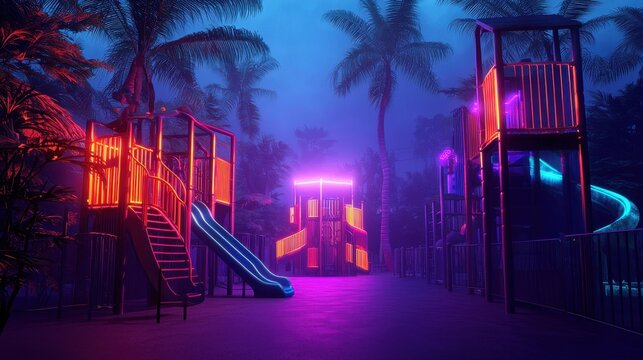 A vibrant playground illuminated with neon lights, surrounded by palm trees, creating a mystical atmosphere at night.
