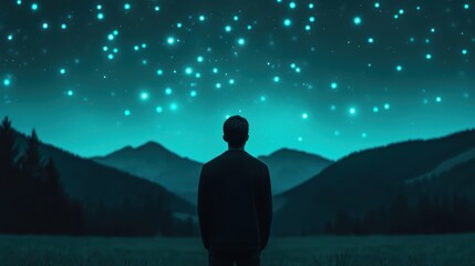 Fototapeta premium A person stands silhouetted against a starry night sky, surrounded by mountains, evoking a sense of wonder and tranquility.