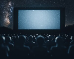 Obraz premium A crowd watches a large screen under a starry night, creating a cinematic atmosphere in an outdoor setting.