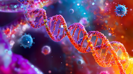 Vibrant DNA strands twist and swirl in a cosmic environment filled with lively microorganisms