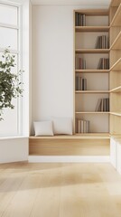 Fototapeta premium Minimalist reading nook with window, bookshelf, and wooden bench.
