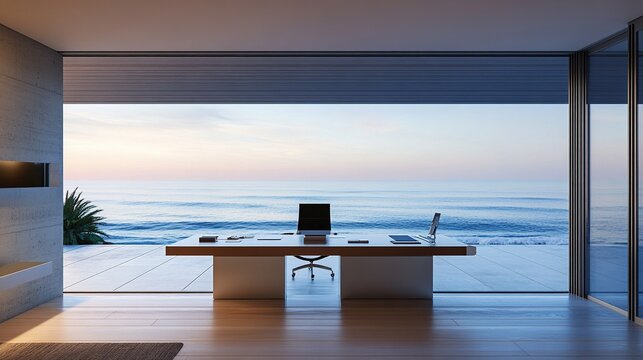 Modern home office with ocean view at sunset.