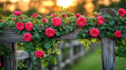 Vibrant pink roses blooming on a rustic wooden fence.