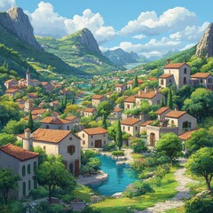 Obraz premium Scenic Mountain Village with Lush Greenery and Rustic Architecture Under a Clear Blue Sky on a Bright Day Depicting Tranquil Countryside Life