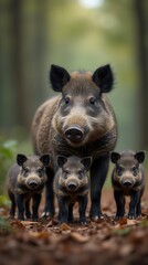 Wild Boar Mother And A Group Of Her Babies Standing In The Forest