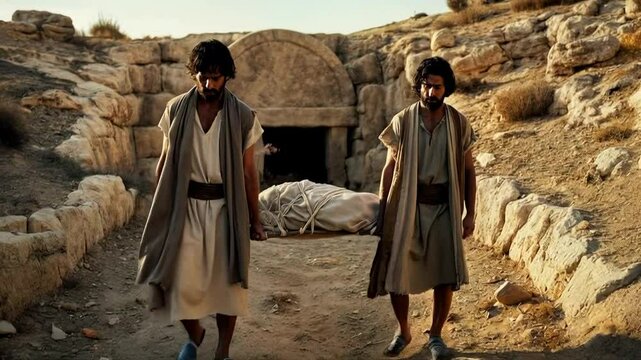 Two biblical young men wearing natural linen robes carry their dead to a stone hillside tomb