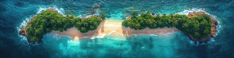 Aerial view of two tropical islands separated by a narrow channel of ocean, showcasing lush greenery, sandy beaches, and turquoise waters.