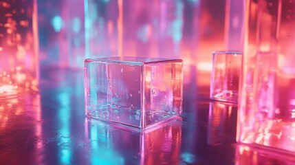 A vibrant scene featuring translucent cubes illuminated by colorful lights.