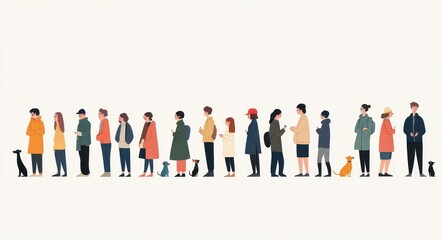 A long line of people waiting, forming a sizable queue from a back view. The scene shows a diverse crowd of tourists, refugees, men, women, and children. This visually represents the idea of