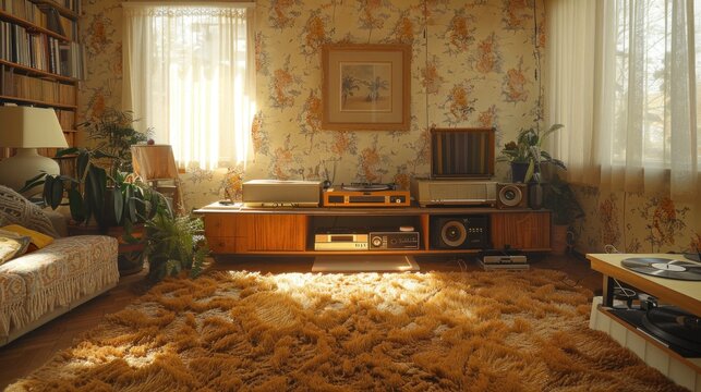 Fototapeta Sunny retro living room with vintage stereo and shaggy rug.