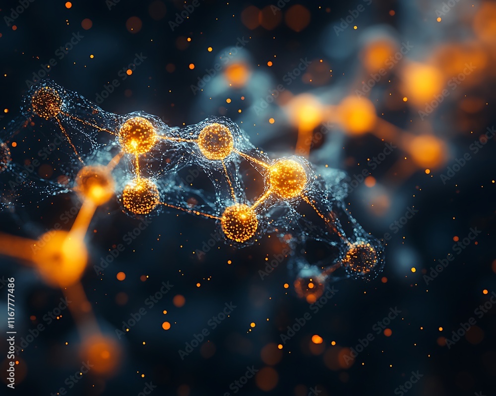 Poster abstract visualization of medical scientific advancement sleek molecular pattern glowing node soft g