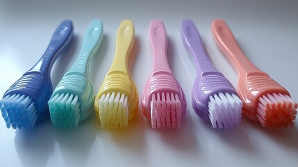 Six pastel-colored cleaning brushes with soft bristles arranged in a row.