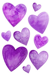 Purple watercolor hearts, soft pastel colors, romantic design elements, ideal for Valentine's Day, love themes.