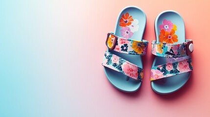 Pair of blue floral children's sandals on colorful background.
