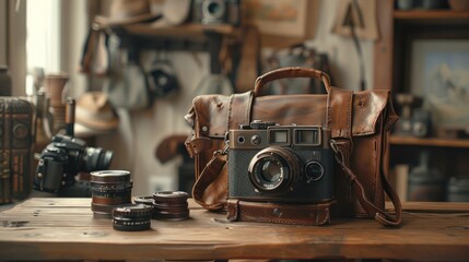 Vintage camera in leather case on wooden table.