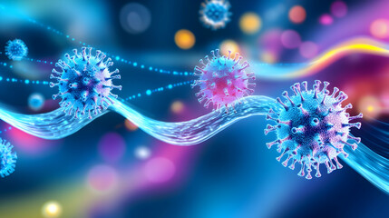 Colorful viral entities swirl in a digital world, symbolizing health and biological interactions