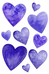Purple watercolor hearts, soft textures, romantic design, artistic elements, love theme, decorative graphics.