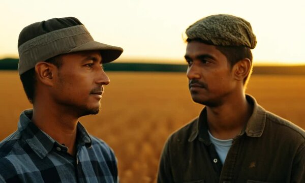 Two farmer men looking into the distance in a wheat field with golden sunlight landscape