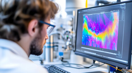 A researcher studies vibrant data visualizations on a monitor in the lab
