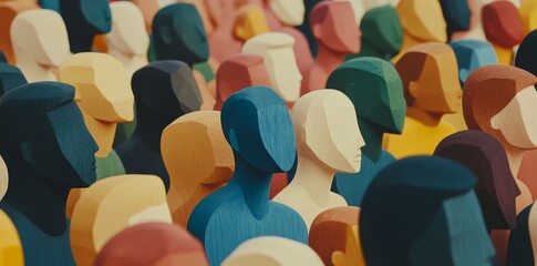 Obraz premium Several brightly colored wooden figurines standing together embody the varied nature of society and its unique individuals.