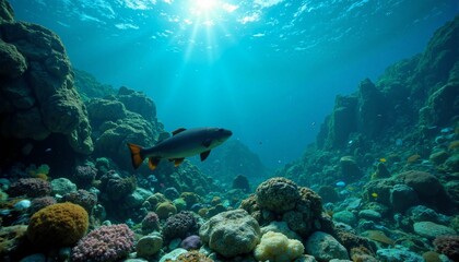 Fototapeta premium Serene underwater coral scene with fish, peaceful marine life