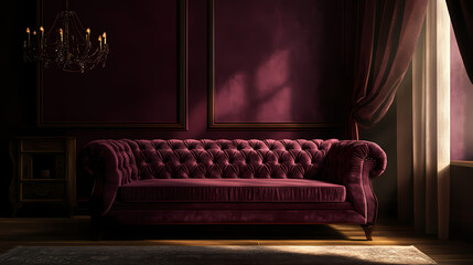 Obraz premium Luxurious velvet sofa in a dimly lit room with vintage decor, representing opulence, comfort, and classic style. Velour. Illustration