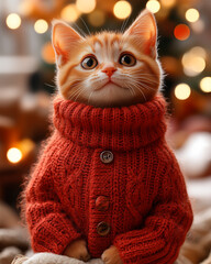 A photo of a cat wearing winter clothes at Christmas