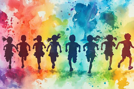 In a field where a rainbow casts its colors, children of diverse ages dash in various directions, radiating joy and playful energy.