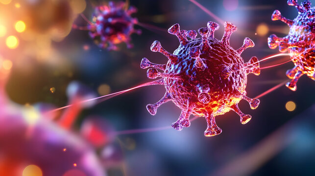 Vibrant particles showcasing the detailed structure of a virus floating in a complex environment