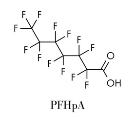 Perfluoroheptanoic acid (PFHpA) PFAS molecule. Skeletal formula.