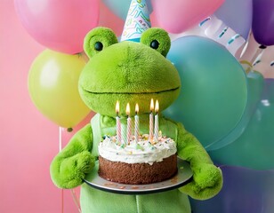 A Cuddly Toy, frog,,  holds  a birthday cake with candles