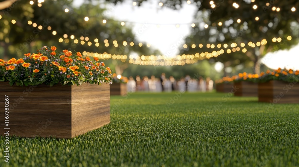 Poster in this park, a large green field is surrounded by trees that are decorated with lights, and there a